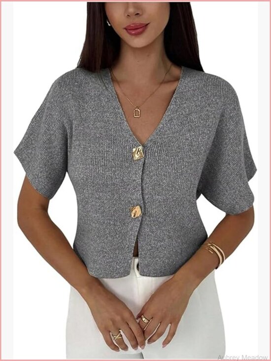 Sweaters - Short Sleeve V-Neck Cardigan Sweater Slim Fit Knit Tops Office Wear